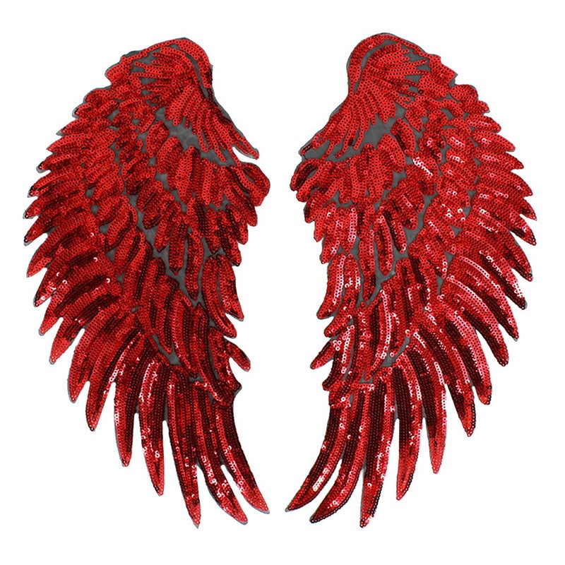 Kennedy Manufacturing Sequins Large Angel Wings Patches Decorative Iron on Sew on Big Patches for Jacket Jeans DIY, Red - Image 1
